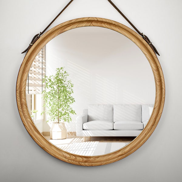 Personalized Large Round Mirror For Bathroom, Leather Strap Hanging Mirror, New Decor For Living Room, Unique Farmhouse Wall Mirror Gift