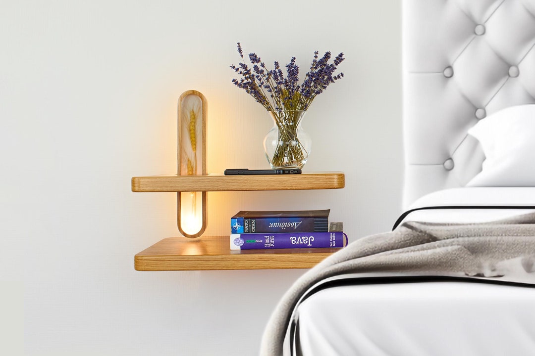 Modern Wall Shelf With LED Lamp, Wooden Floating Shelf With Natural ...