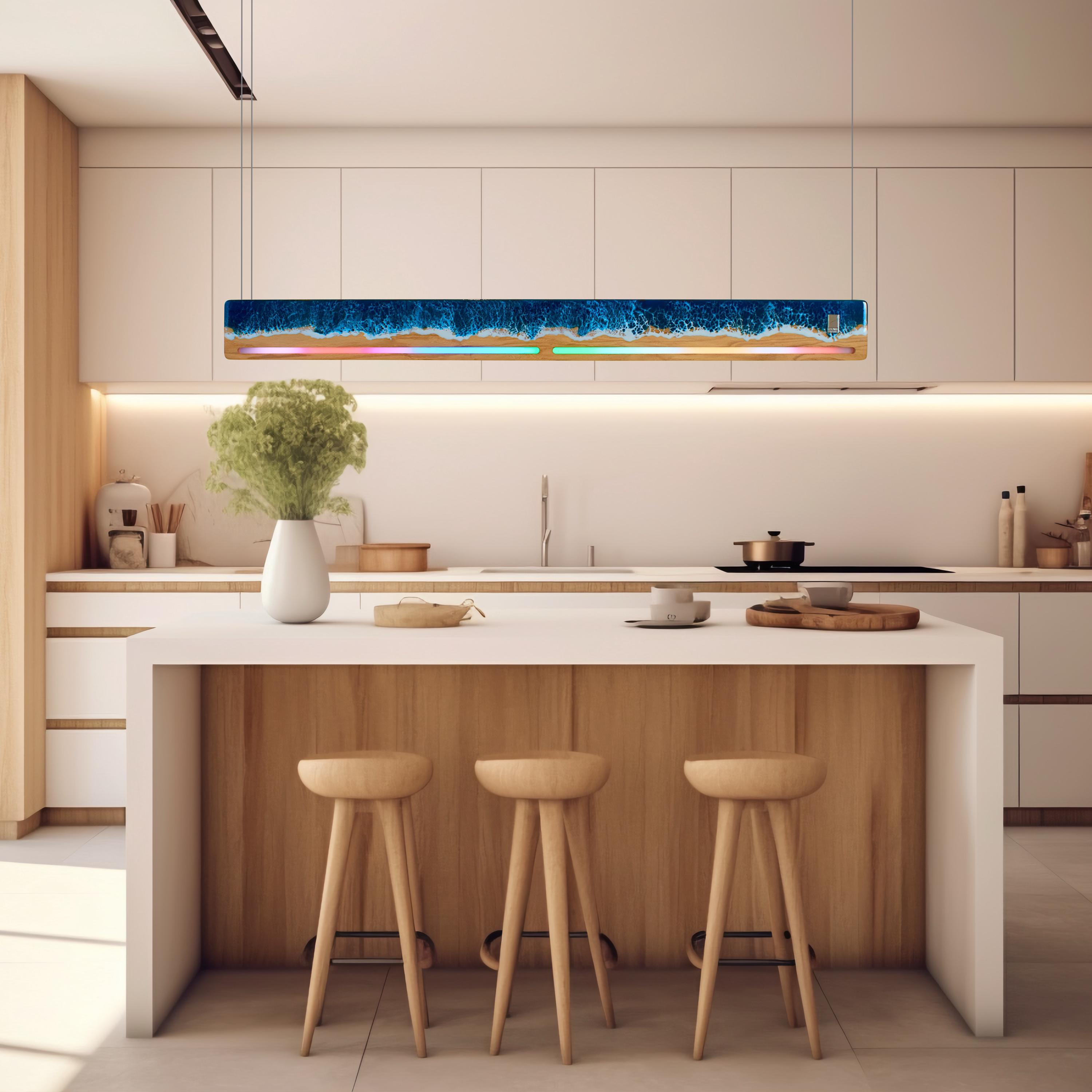 Wave Epoxy Resin LED Pendant Light with RGB, Wooden Linear Lamp, Ocean Design Chandelier, Beach Bar Lighting Fixture, Kitchen Ceiling Lamp
