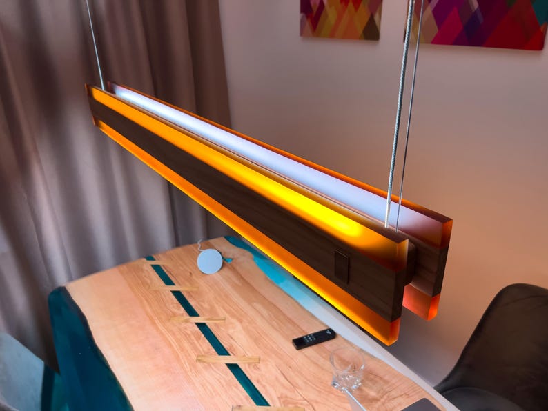 Linear Pendant Light, Wood & Epoxy Ceiling Light, Chandelier Lighting ...