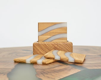 Wood & Resin Coasters Set, Oak Drink Coasters with Holder, Wave Design, Modern Kitchen Decor, Engraved Coasters Gift, Gift For Grandmother