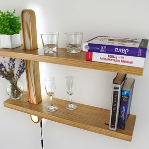 Wooden Floating Shelf With LED Lamp, Double Tier Book Shelf, Rustic Book Shelf, Dried Flowers Accent, Wall Decor