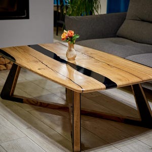 Stylish Oak & Black Epoxy Resin Coffee Table, Handmade Wooden Table with Metal Accent Legs, Luxury Living Room Centerpiece, Custom Furniture
