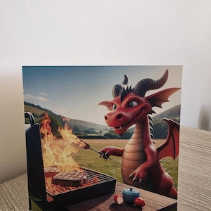 Welsh Dragon BBQ Greeting Card  With Envelope- Blank Inside - Funny Welsh Gift - Dragon Illustration