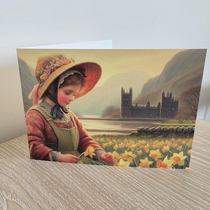 Biglietto d'auguri con scena di lago con narcisi incantevole / Biglietto con narcisi e castello / Biglietto vuoto primaverile / Natura / Biglietto per tutte le occasioni con busta