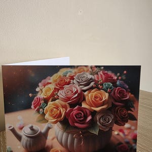 Carte de voeux florale durable fabriquée à la main avec enveloppe - Bouquet de roses colorées - Intérieur vierge