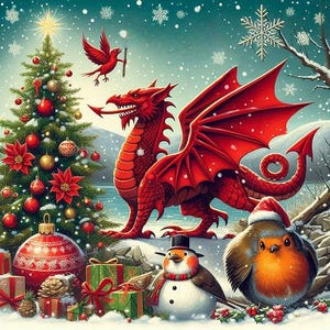 Welshe kerstdraakkaart | Red Dragon Robin-kerstboom | Unieke Britse kerstwenskaart | Milieuvriendelijke kerstkaart