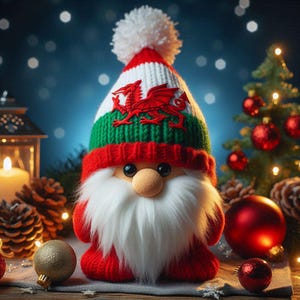 Peut inclure: Un gnome de Noël avec un bonnet tricoté rouge, blanc et vert, orné d'un dragon rouge. Le gnome a une barbe blanche, un nez rond et des bottes rouges. Des décorations de Noël et un petit arbre sont en arrière-plan.