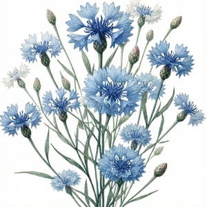 May include: Watercolor illustration of a bouquet of blue cornflowers with green stems and leaves. The flowers are in various stages of bloom, with some buds still closed. The background is white.