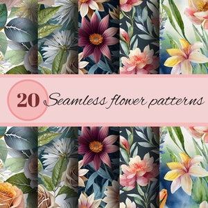 Könnte beinhalten: Eine Sammlung von 20 nahtlosen Blumenmustern im Aquarellstil. Die Designs zeigen verschiedene Blumenarrangements mit einer Reihe von Farben, darunter Rosa, Lila, Gelb und Grün. Der Text "20 Seamless flower patterns" wird auf einem rosa Banner angezeigt.