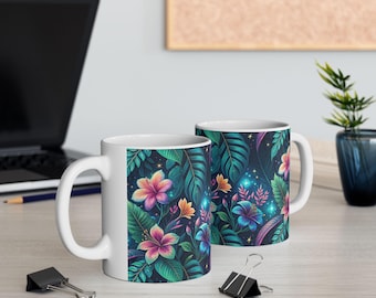 Tropical Floral Ceramic Coffee Mug, Vibrant Plant Lover Gift