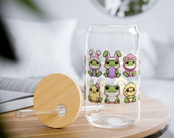 Frog Sipper Glass with Bamboo Lid, Kawaii Drinkware, Tritan Straw