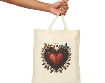 Butterfly Heart Cotton Canvas Tote Bag | Floral Grocery Shopper