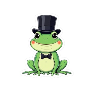 May include: A green frog wearing a black top hat and a black bow tie. The frog is sitting with its legs crossed and has a friendly expression on its face.