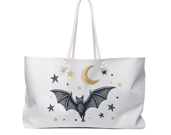 Whimsical Bat Moon Stars Weekender Bag, Gothic Travel Tote, Overnight Luggage, Halloween Gift, Spooky Carry On, Alternative Style Duffel