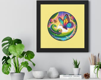 Poster incorniciato con trasformazione di una farfalla colorata, arte murale naturalistica