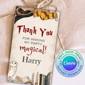 May include: A thank you tag with a Harry Potter theme. The tag is decorated with an owl, books, and candles. The text on the tag reads "Thank You for making my party magical! Harry". The tag also has a Canva logo.