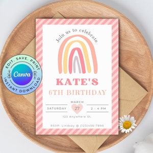 Editable Boho Rainbow Birthday Invitation, Printable Boho Party Invite, Pastel Rainbow Birthday Invitation, DIGITAL DOWNLOAD