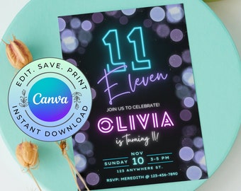 Editable 11th Birthday Invitation, Printable Neon 11th Birthday Invite, Printable Glow Party Invite, DIGITAL DOWNLOAD