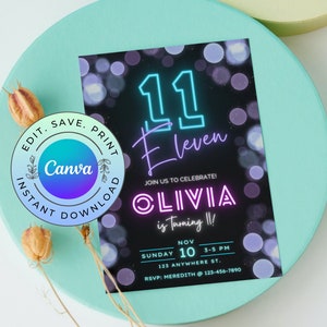 Editable 11th Birthday Invitation, Printable Neon 11th Birthday Invite, Printable Glow Party Invite, DIGITAL DOWNLOAD