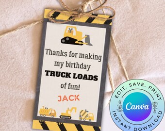 Editable Construction Favor Tag, Printable Construction Birthday Thank You Tag, Printable Construction Party Gift Tag, DIGITAL DOWNLOAD