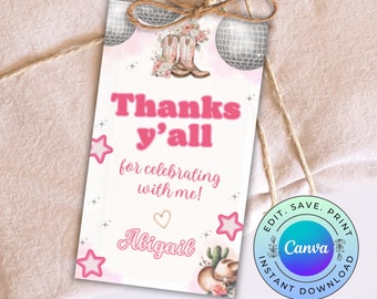 Editable Cowgirl Thank You Tag, Printable Disco Cowgirl Favor Tag, Preppy Cowgirl Gift Tag,  DIGITAL DOWNLOAD