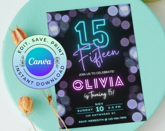 Néon modifiable 15e anniversaire, invitation fille quinzième anniversaire (téléchargement numérique)