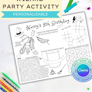 Atividade de festa de bruxo personalizável, folha de atividade de escola de magia para impressão, folha de colorir de bruxo, DOWNLOAD DIGITAL