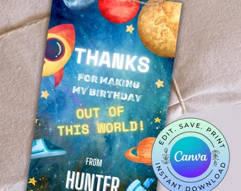 May include: A blue and purple space-themed thank you tag with stars, planets, and a rocket ship. The text reads "Thanks for making my birthday out of this world! From Hunter".