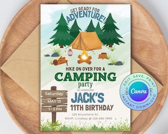Editable Camping Birthday Invitation, Printable Camping Party Invite, Adventure Party Invitation, DIGITAL DOWNLOAD