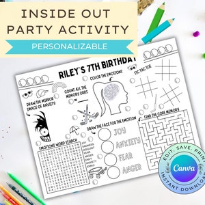 Inside Out Activity Sheet, Personalizable Inside Out Party Activity, Inside Out Coloring Placemat, DIGITAL DOWNLOAD