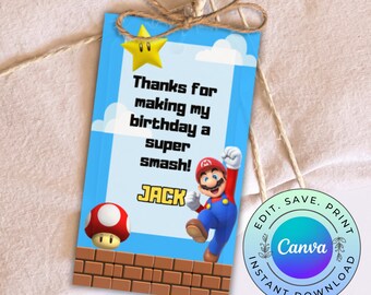 Etiqueta de agradecimiento de Mario editable, etiqueta de regalo de cumpleaños de Mario imprimible, etiqueta de regalo de Mario, descarga digital