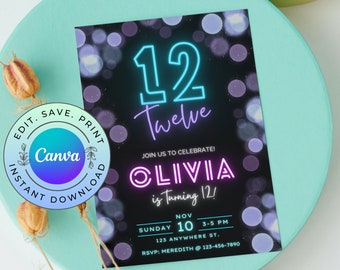 Editable 12th Birthday Invitation, Printable Neon 12 Birthday Invitation, Printable Glow 12th Birthday Invite, DIGITAL DOWNLOAD