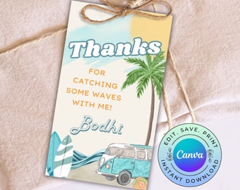 May include: A blue and white thank you tag with a palm tree, a vintage van, and surfboards. The text on the tag reads "Thanks for catching some waves with me! Bodhi".