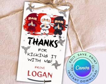Editable Ninja Favor Tag, Printable Ninja Gift Tag, Ninja Thank You Tag, DIGITAL DOWNLOAD