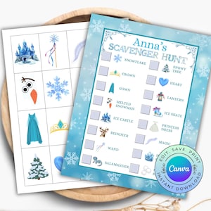 May include: Two printable scavenger hunt sheets with an icy blue theme. One sheet features illustrations of a castle, snowflake, and other items. The second sheet is titled "Anna's Scavenger Hunt" and includes a checklist with related items.