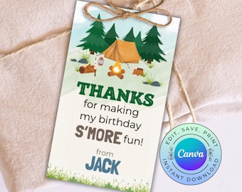 Editable Camping Party Favor Tag, Printable Camping Birthday Thank You Tag, Camping Birthday Gift Tag,  DIGITAL DOWNLOAD