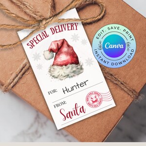 Etiqueta de presente personalizável do Papai Noel, etiqueta editável do Papai Noel, etiqueta de Natal infantil para imprimir, DOWNLOAD DIGITAL