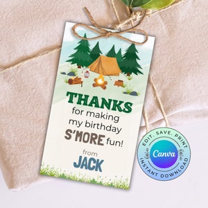 Editable Camping Party Favor Tag, Printable Camping Birthday Thank You Tag, Camping Birthday Gift Tag,  DIGITAL DOWNLOAD