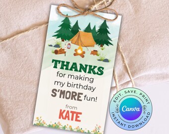 Editable Camping Birthday Favor Tag, Printable S'mores Party Thank You Tag, Glamping Thank You Tag, DIGITAL DOWNLOAD