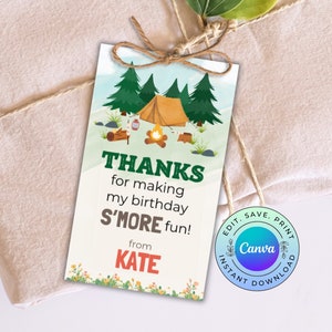 Editable Camping Party Favor Tag, Printable Camping Birthday Thank You Tag, Camping Birthday Gift Tag,  DIGITAL DOWNLOAD