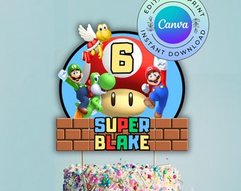 Redigerbar Mario-födelsedagstårtdekoration, utskrivbar Mario-festdekoration (digital nedladdning)