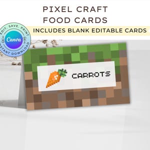 Karty żywności Pixel Craft, edytowalne namioty żywności Pixel Craft, karty etykiet żywności do gier wideo do druku, cyfrowe pobieranie