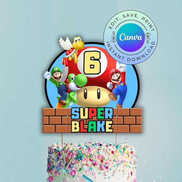 Décoration de gâteau modifiable Mario, décoration de gâteau d'anniversaire Mario imprimable, téléchargement numérique
