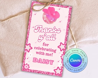 Cowgirl Party Favor Tag, Editable Disco Cowgirl Thank You Tag, Preppy Cowgirl Gift Tag, DIGITAL DOWNLOAD