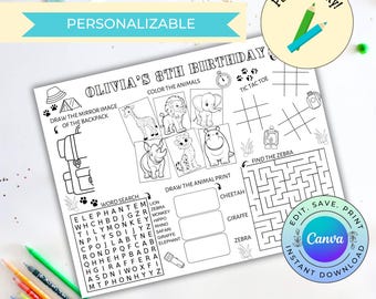 Safari Activity Sheet, Personalizable Safari Coloring Page, DIGITAL DOWNLOAD