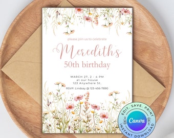 May include: A floral birthday invitation with a pink and white floral design. The invitation reads "Meredith's 50th birthday" and includes the date, time, and location of the party. The invitation also includes the RSVP information.