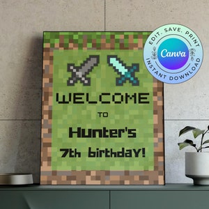 Pixel Sword Birthday Welcome Sign,  Editable Video Game Party Sign,  Pixel Craft Birthday Sign, DIGITAL DOWNLOAD