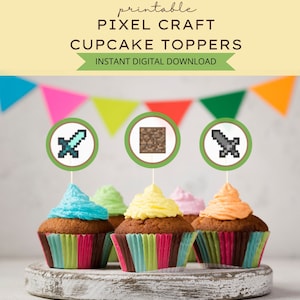 Toppers de cupcake de pixel craft para impressão, Toppers de cupcake de aniversário para impressão, Decoração de festa de videogame, DOWNLOAD DIGITAL