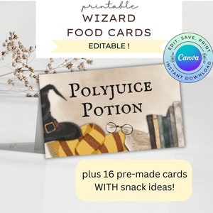 Wizard Party Food Cards, Editable Wizard Birthday Food Labels, Printable Magical Party Food Tents, DIGITAL DOWNLOAD